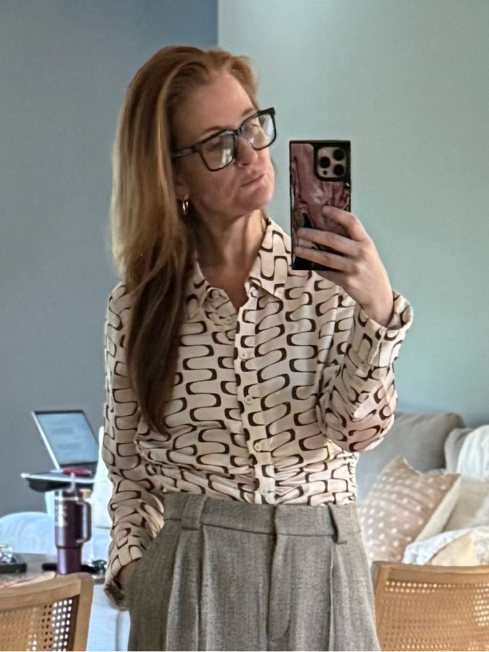 Reformation Retro Print Silk Button Down Blouse